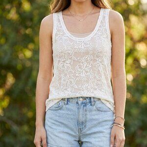 6397 Cream Sheer Floral Embroidered Top, Size M, Cover-Up.